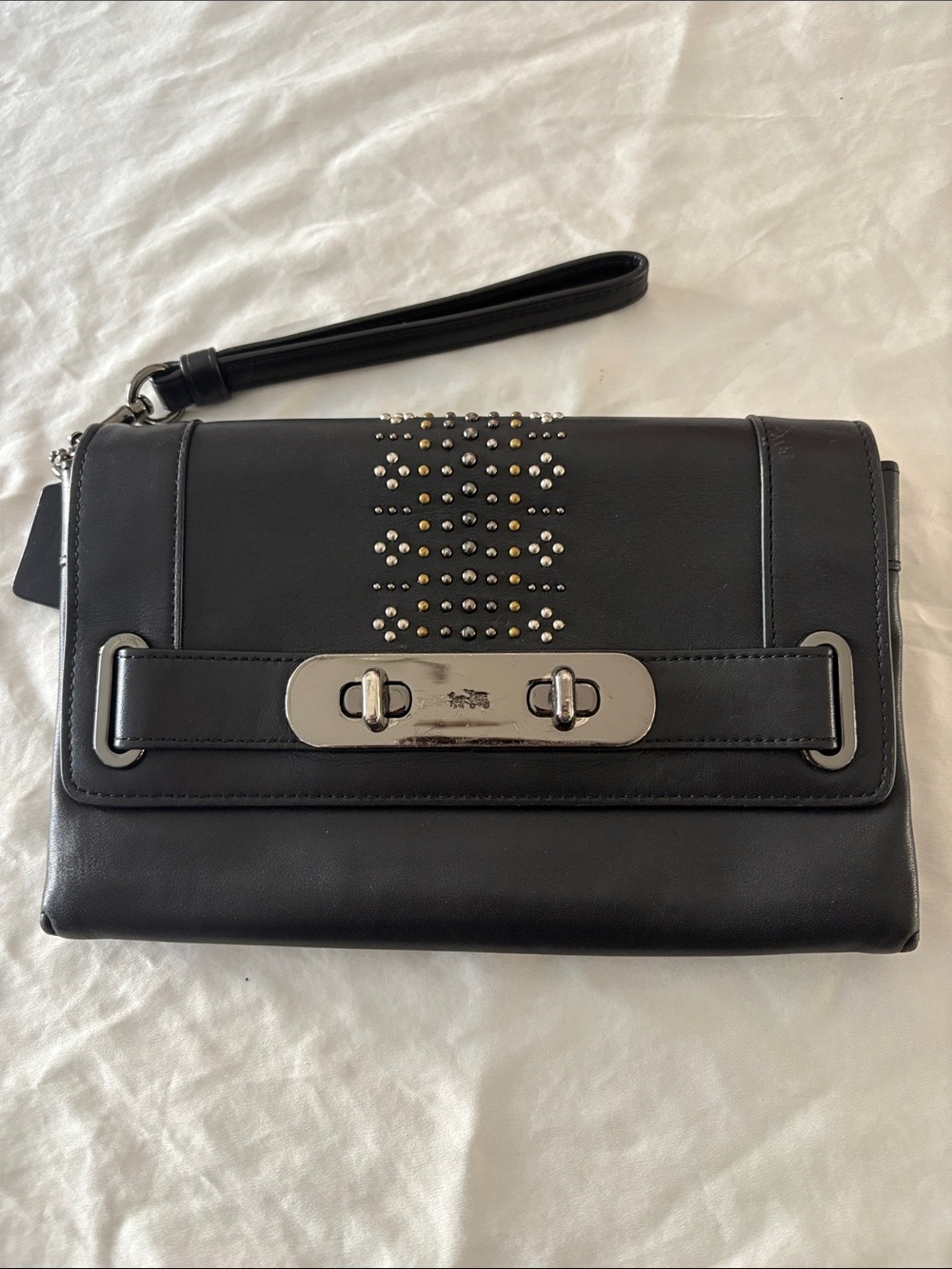 Coach Black Leather Studded Wristlet Clutch with Double Turnlock Silver Hardware
